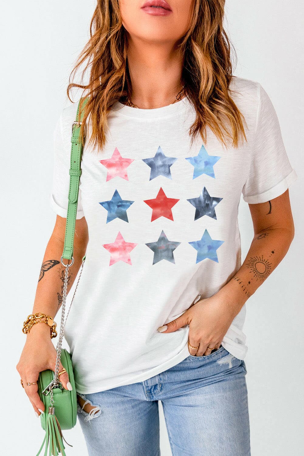 Star Round Neck Short Sleeve T-Shirt.