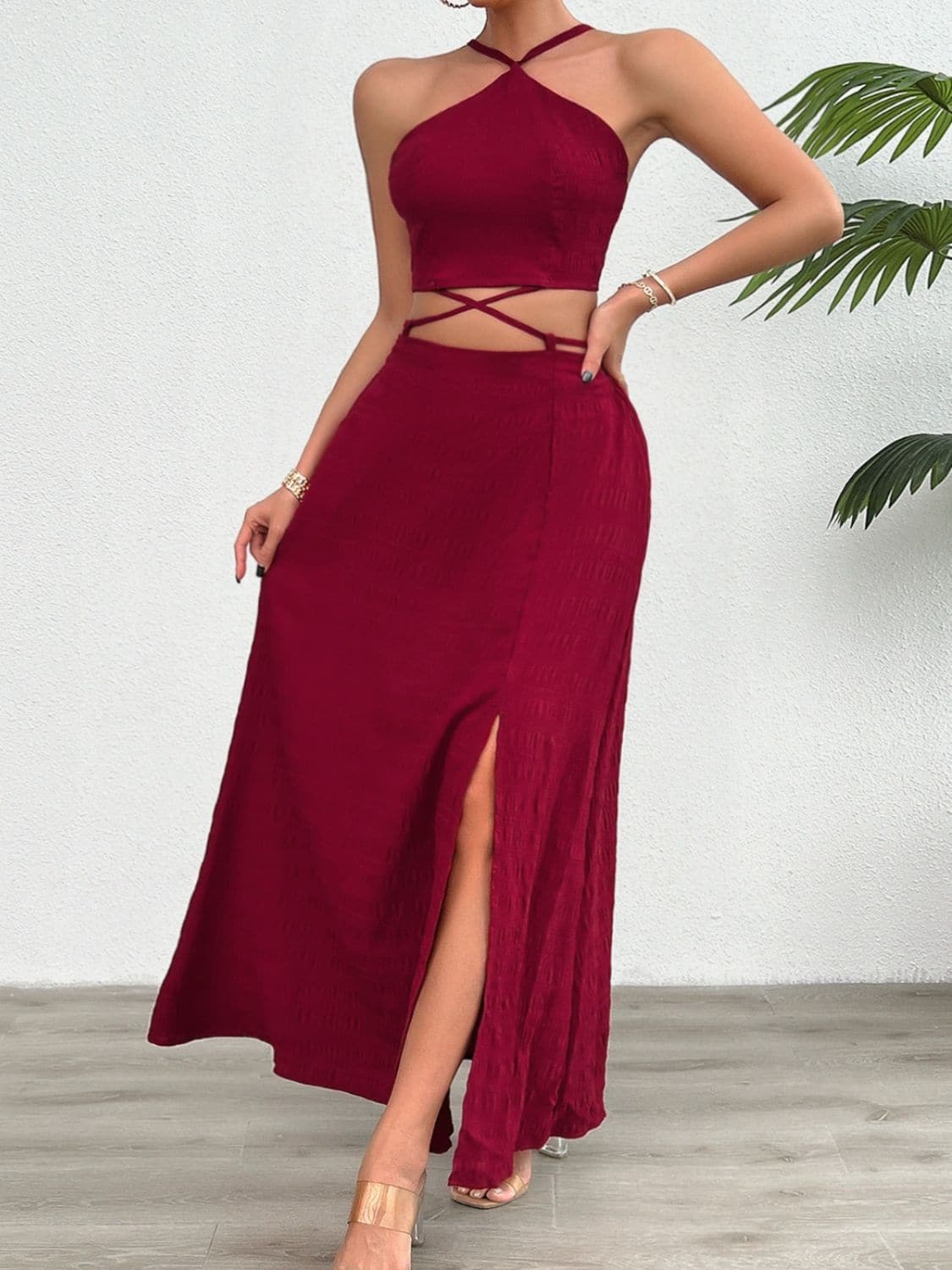 Grecian Neck Top and Slit Skirt Set.