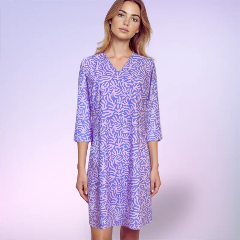 Brisbane V Neck Dress Abstract Coral Lilac Pink Lemonade Katherine Way