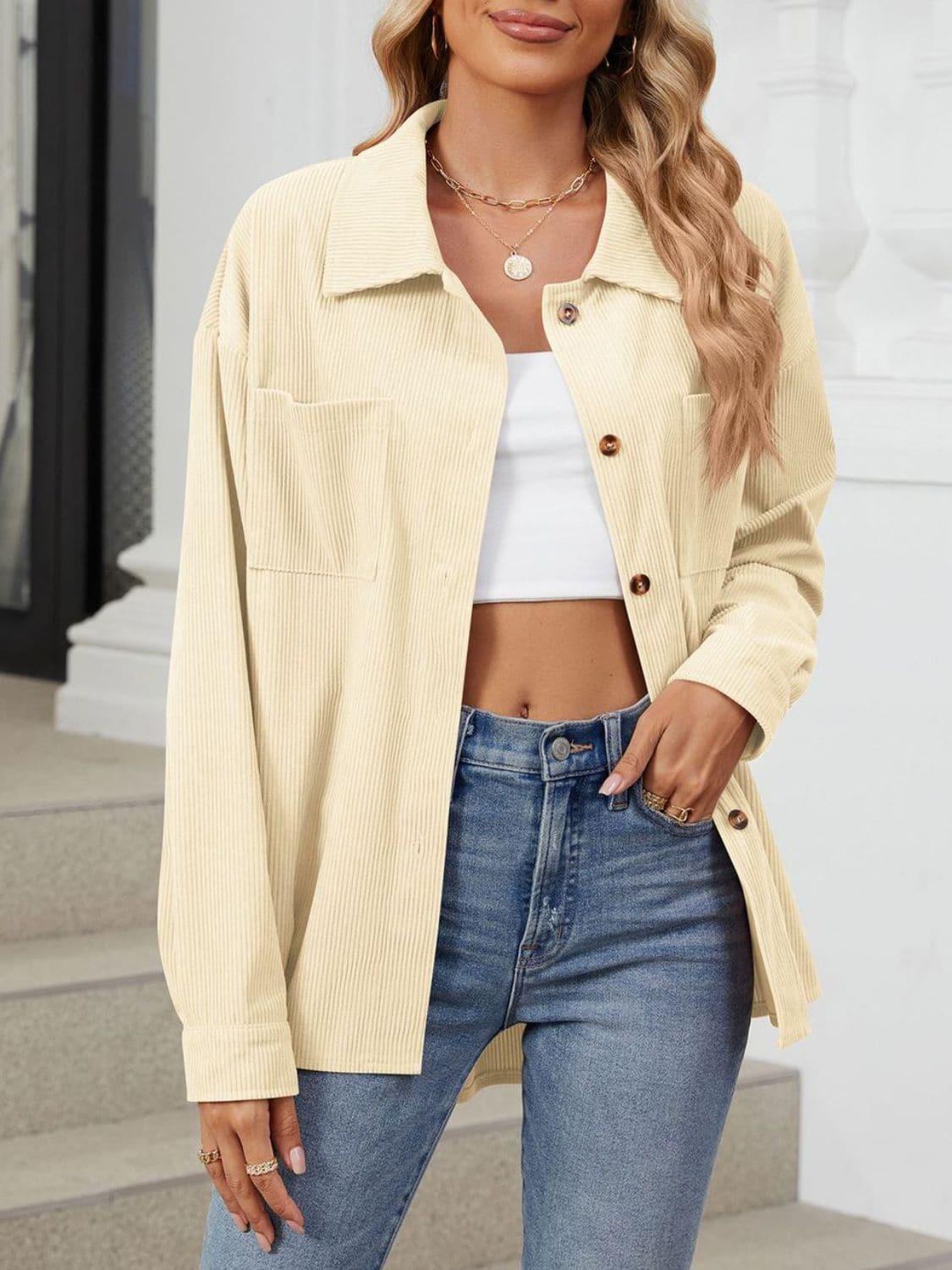 Chic Buttoned Long Sleeve Jacket with Dropped Shoulders