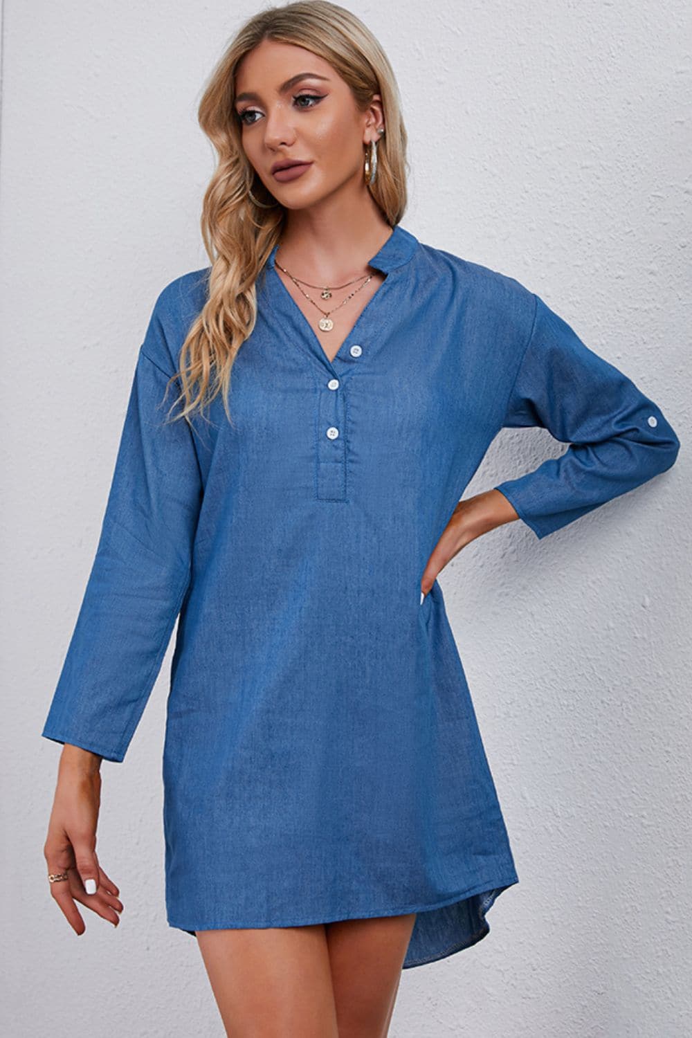 Half-Button Notched Neck High-Low Denim Dress.