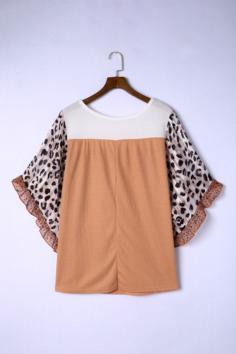 Plus Size Printed Color Block Ruffled Blouse.