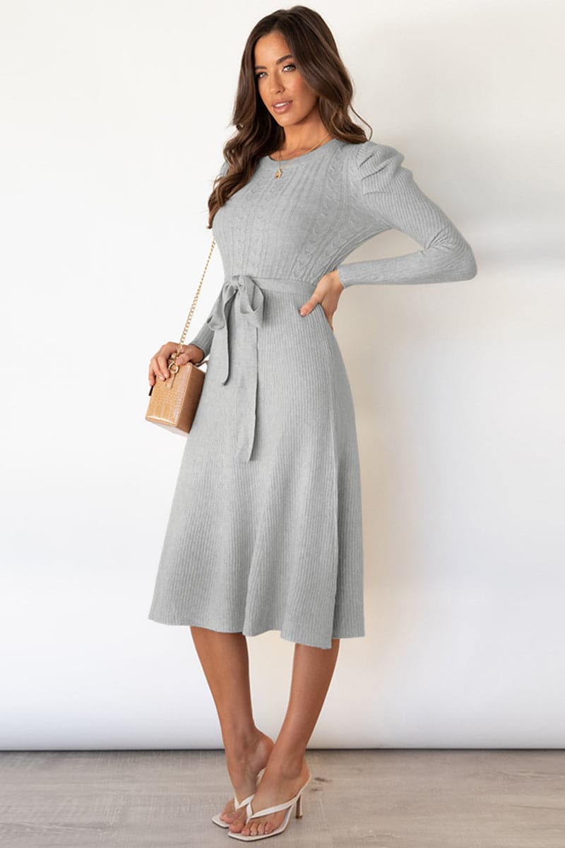 Round Neck Long Sleeve Tie Waist Sweater Dress.