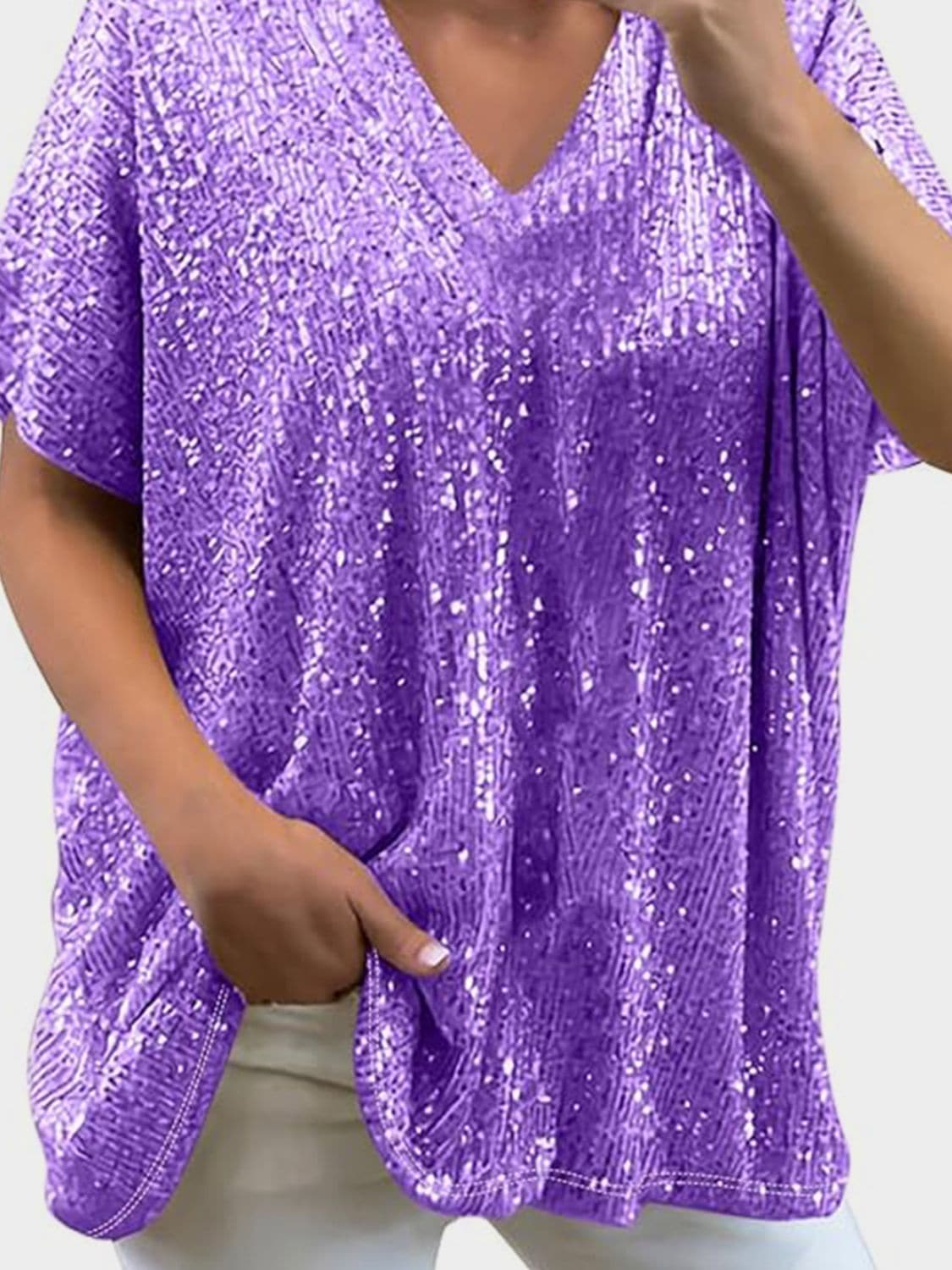 Full Size Sequin V-Neck Short Sleeve Top.