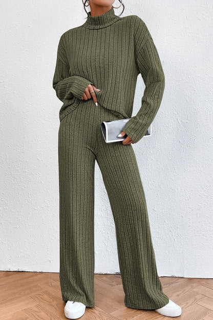 Ribbed Mock Neck Top and Pants Set.