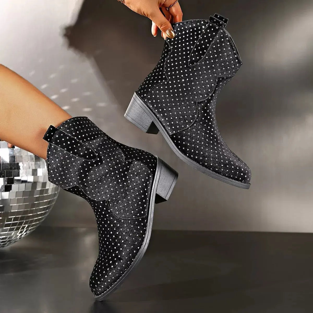 Sparkling Point Toe Block Heels Boots Simply Love