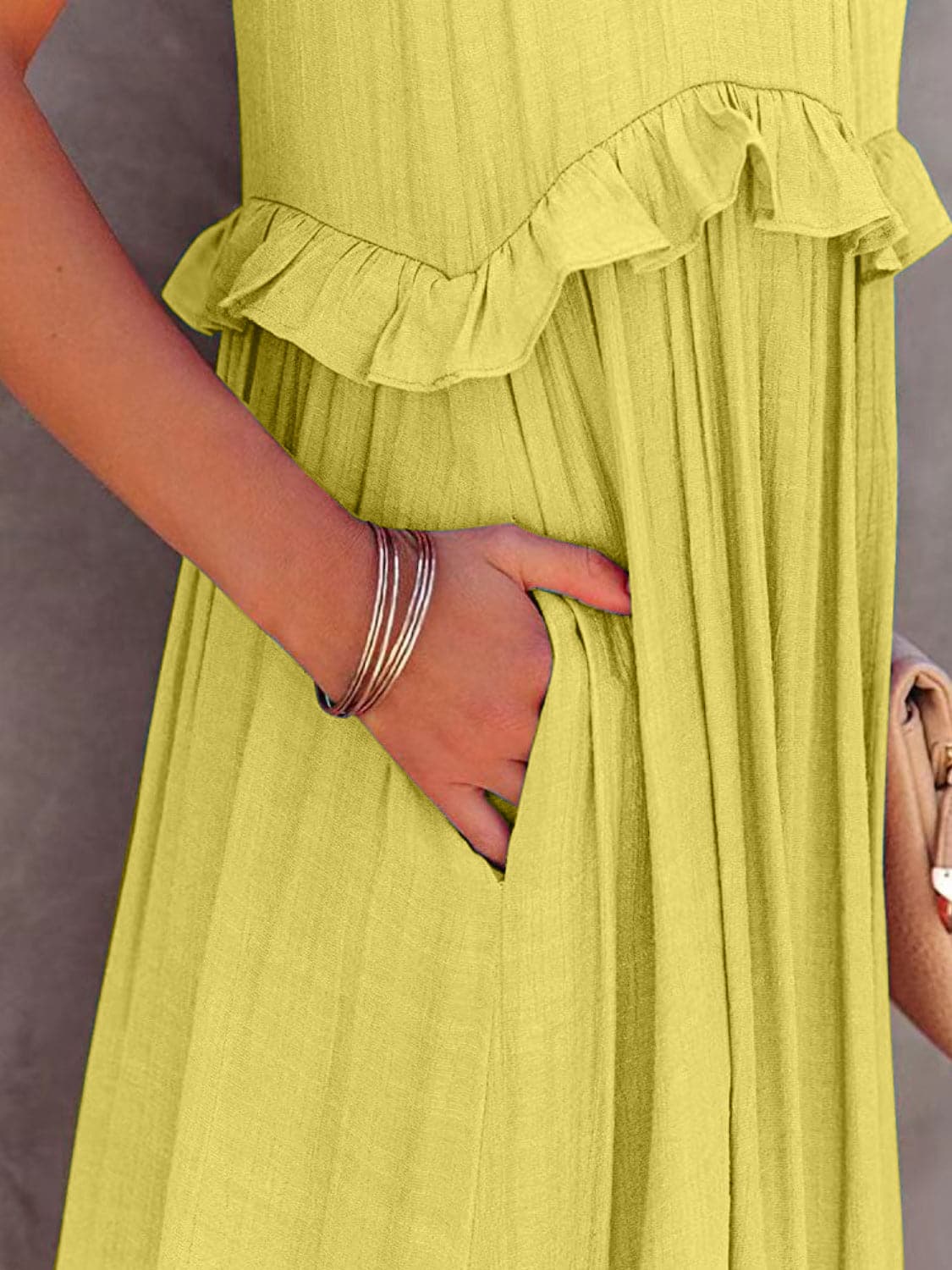 Ruffled Sleeveless Tiered Maxi Dress with Pockets.