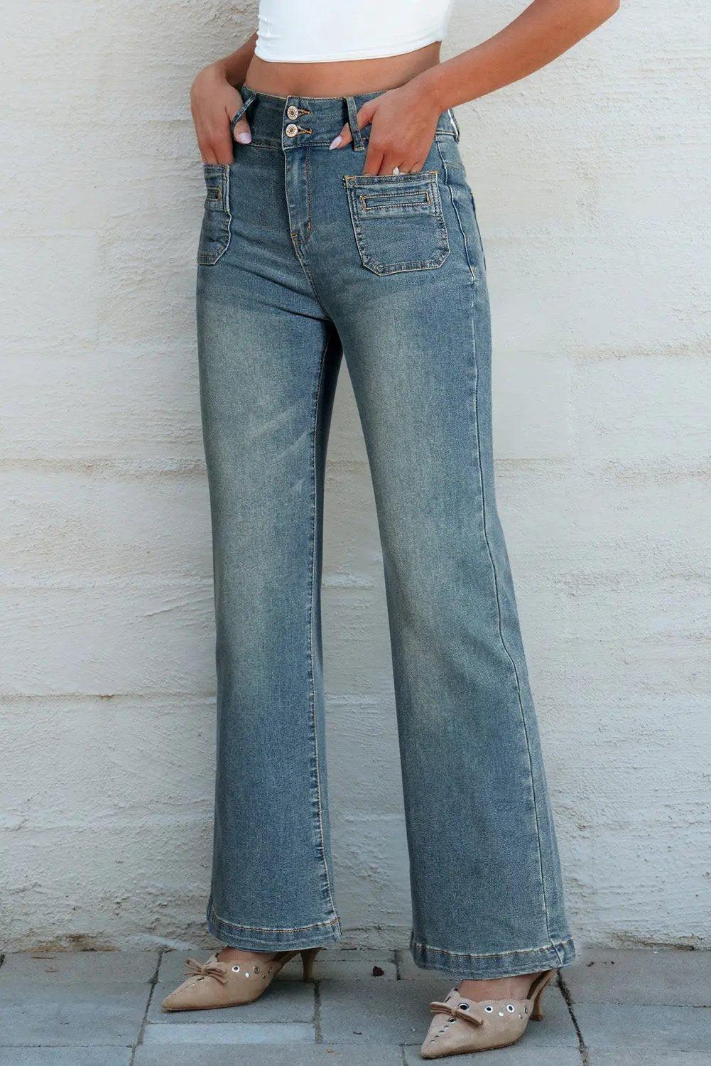 Amyra Double Button Patch Pocket Flare Leg Jeans - Love Salve 