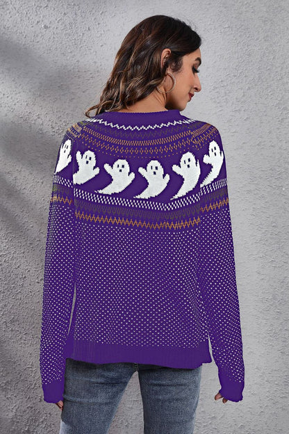 Chic ghost print long sleeve sweater with round neck