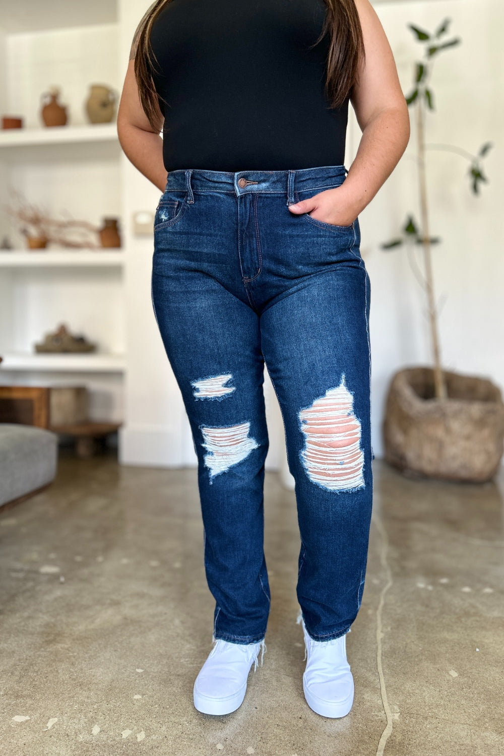 Judy Blue Full Size High Waist Rigid Magic Heavy Destroy Straight Jeans Coco’s Tee Boutique