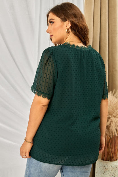 Plus Size Swiss Dot Spliced Lace V-Neck Blouse.