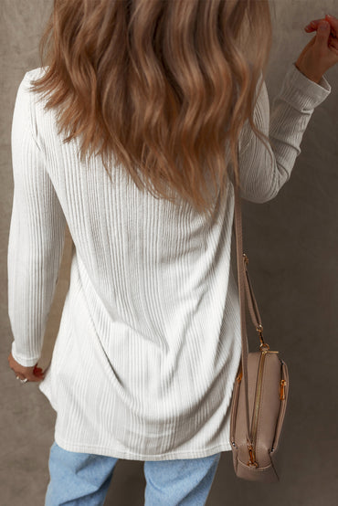 Chic White Ribbed Button-Up Long Sleeve Tunic Cardigan