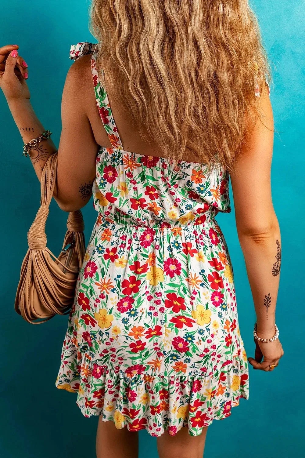 Floral Knotted Straps Cinched Waist Ruffle Hem Mini Dress Simply Love