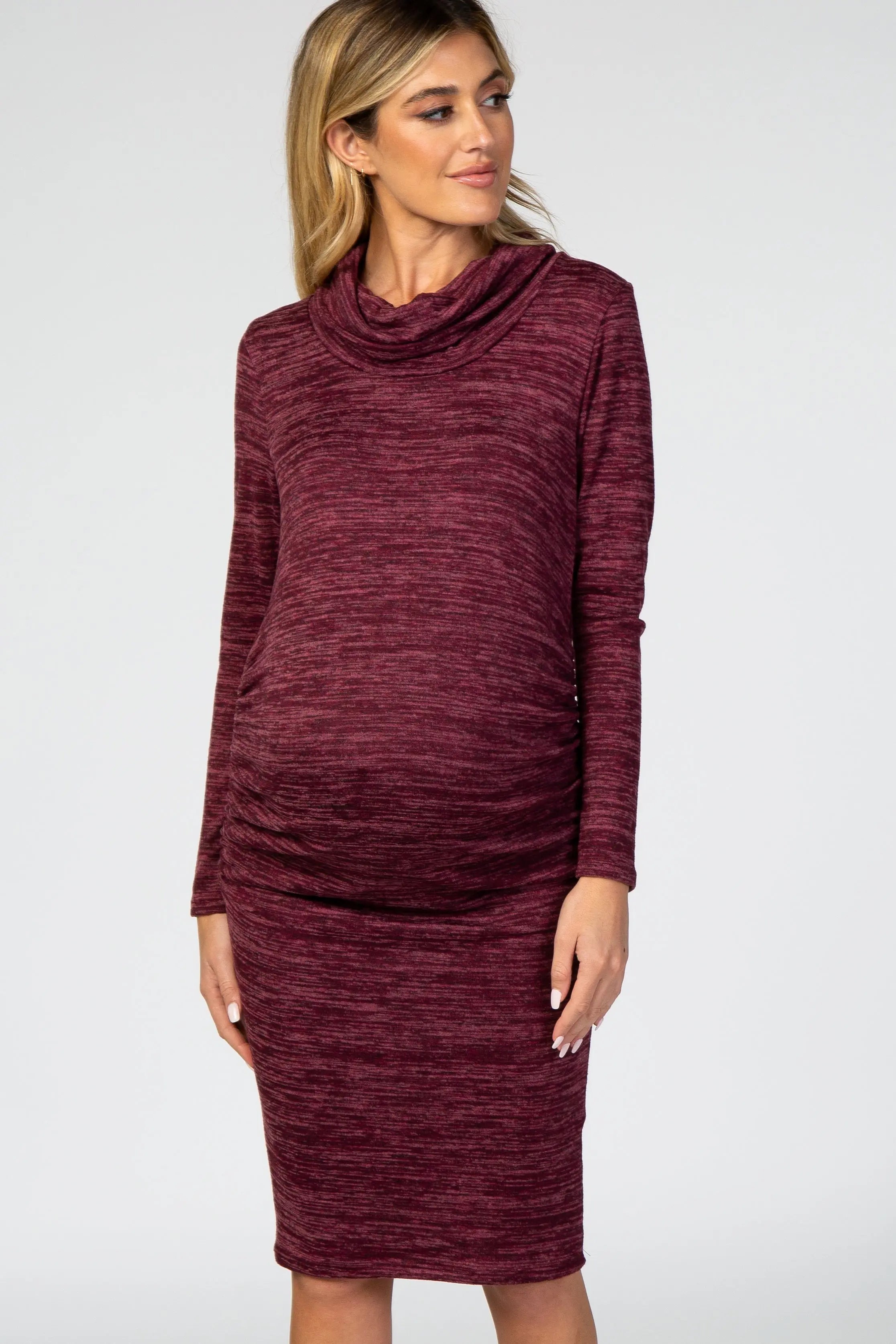 Burgundy Knit Long Sleeve Cowl Neck Maternity Dress PinkBlush
