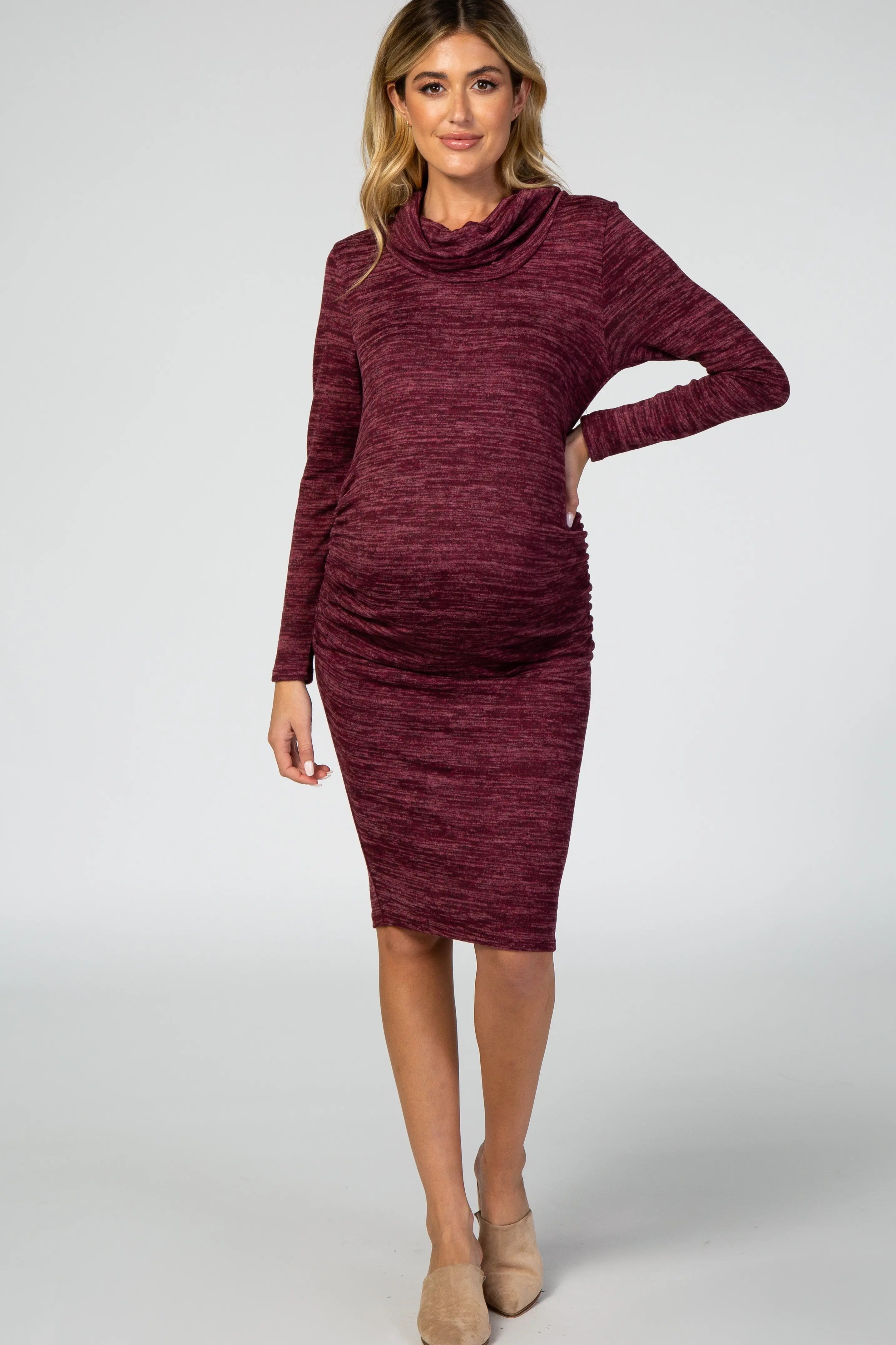Burgundy Knit Long Sleeve Cowl Neck Maternity Dress PinkBlush