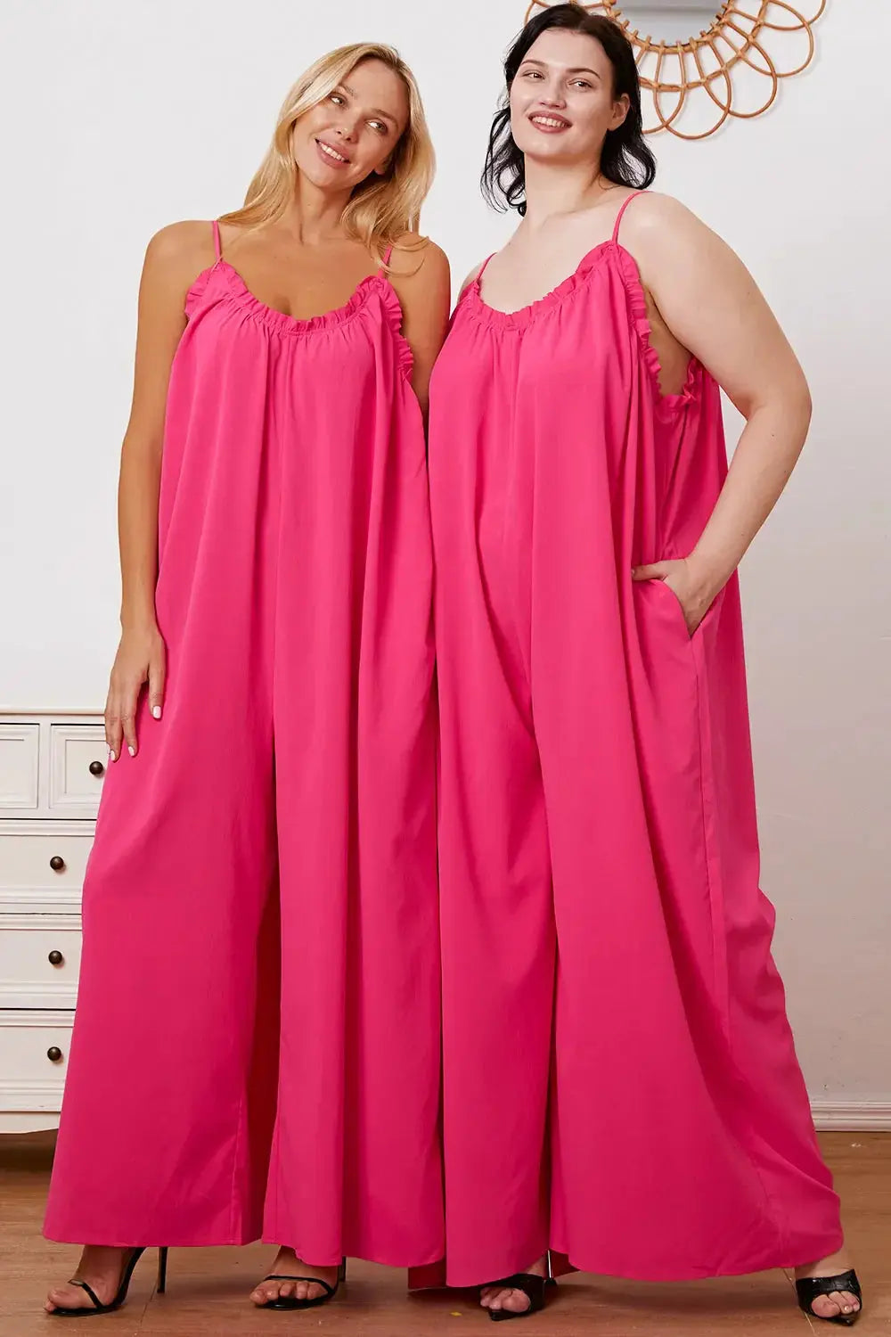 Double Take Full Size Ruffle Trim Tie Back Cami Jumpsuit with Pockets - Love Salve