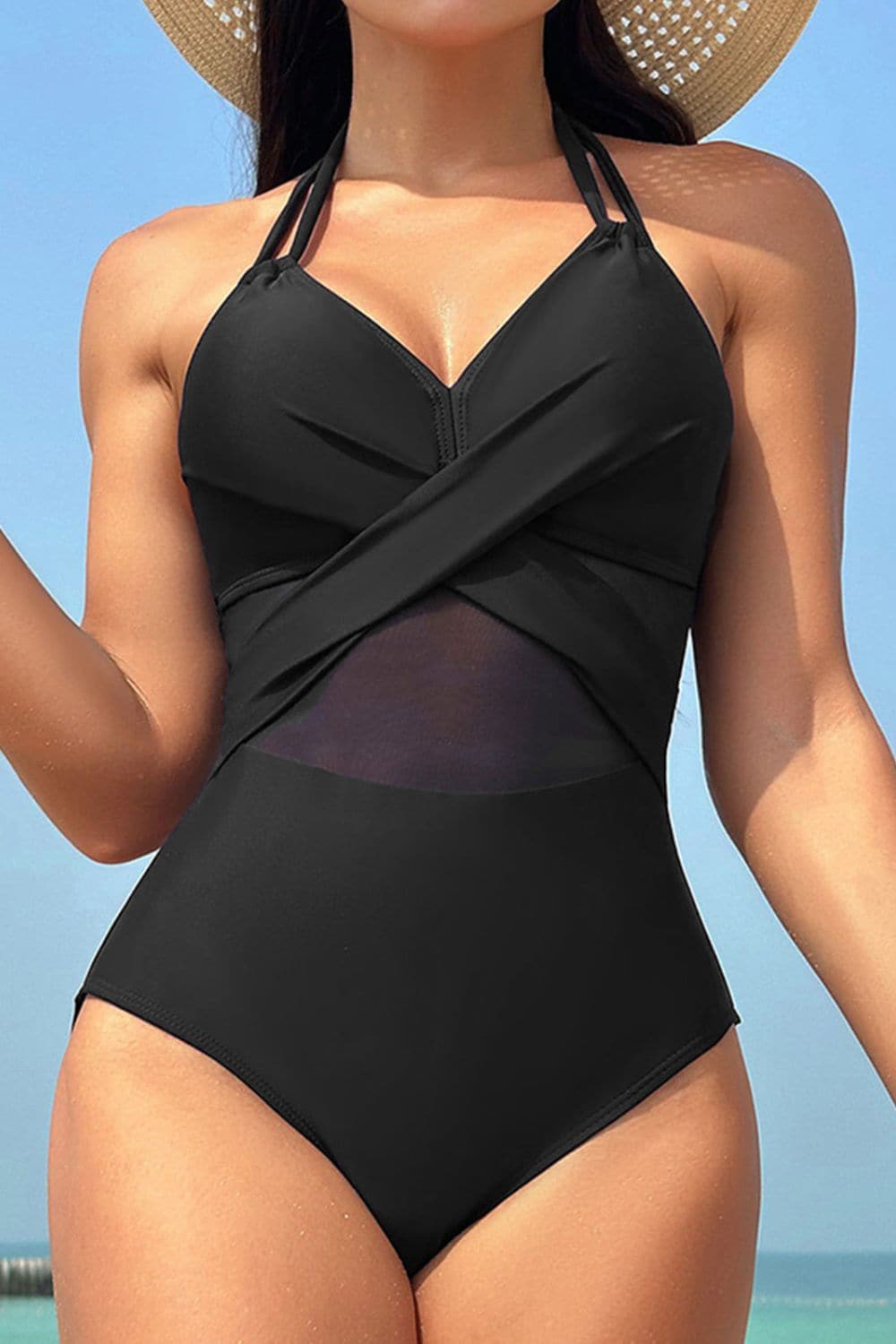 Crisscross Halter Neck One-Piece Swimwear.