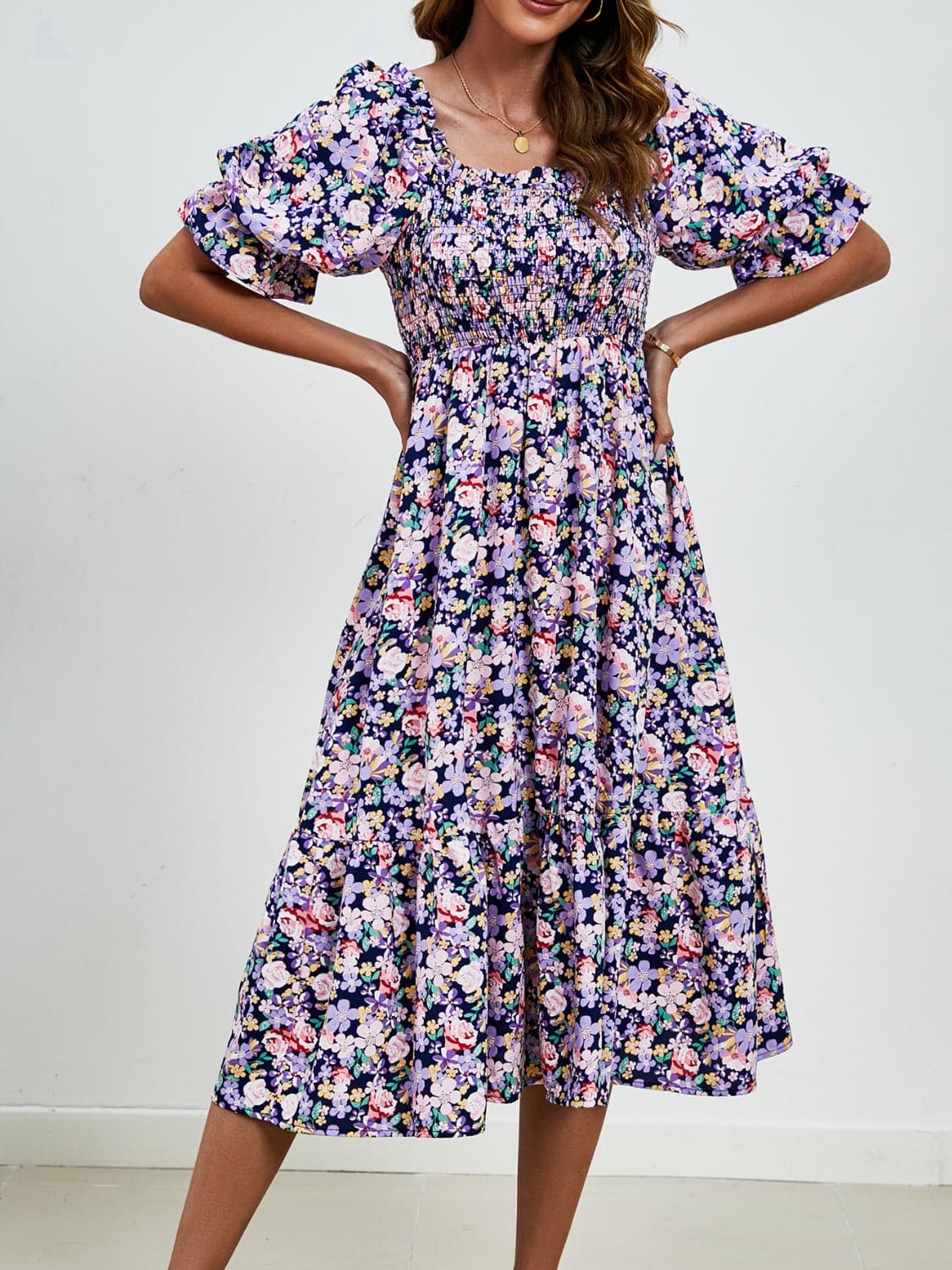 Smocked Floral Square Neck Short Sleeve Dress.