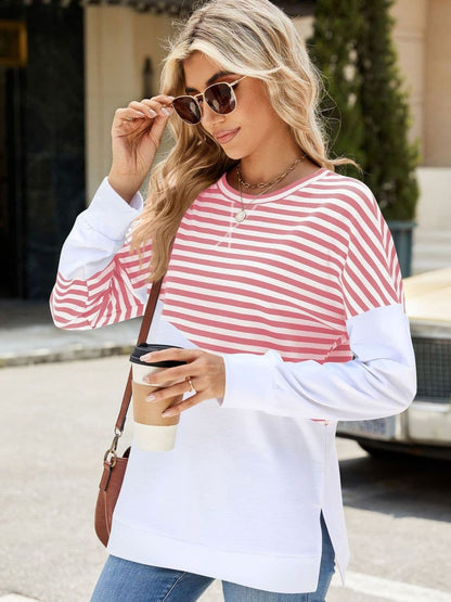 Slit Contrast Striped Long Sleeve Sweatshirt.