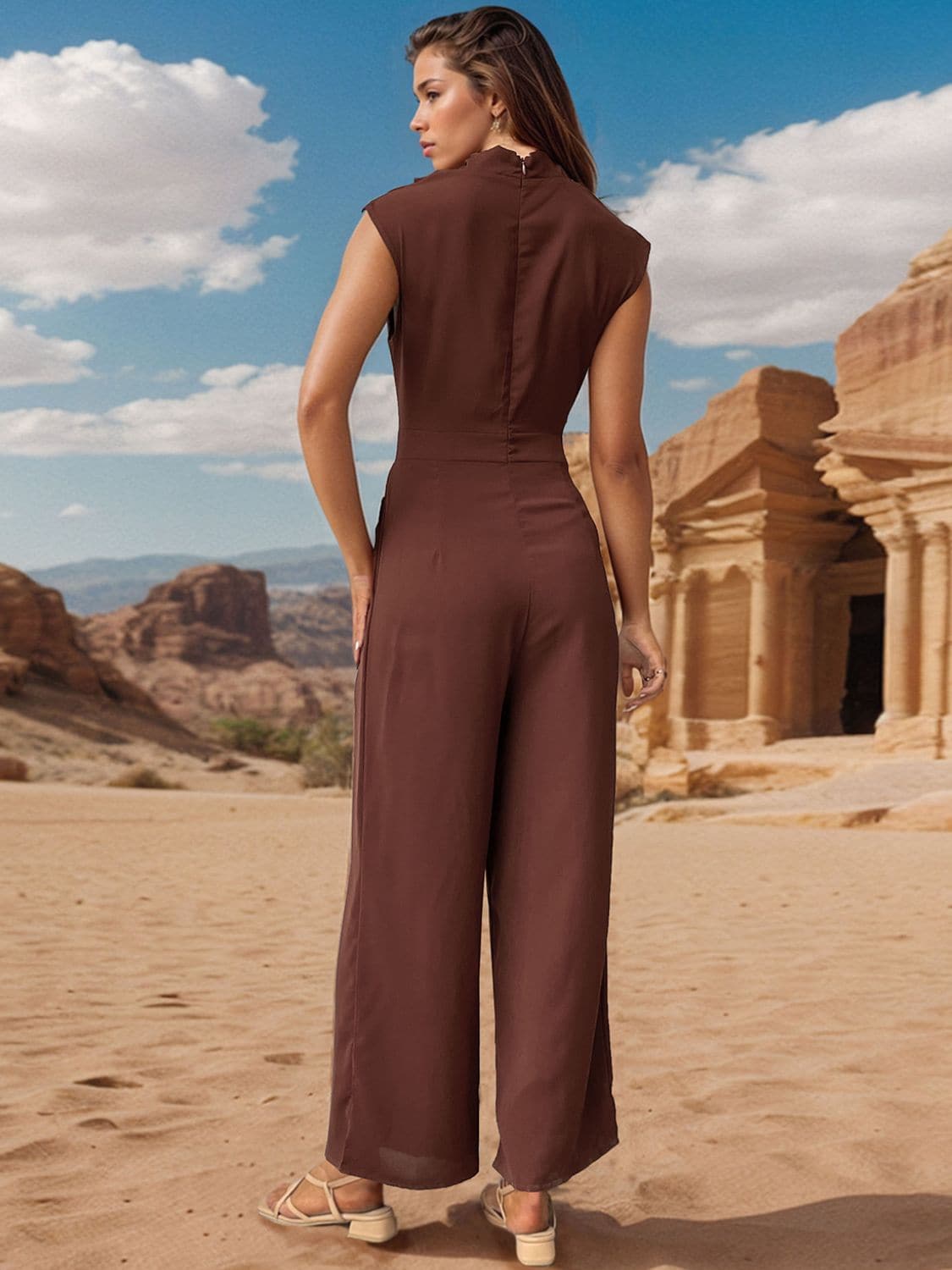 Ruched Mock Neck Sleeveless Jumpsuit.