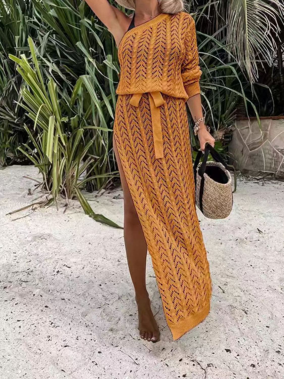 Slit Openwork Single Shoulder Knit Dress.