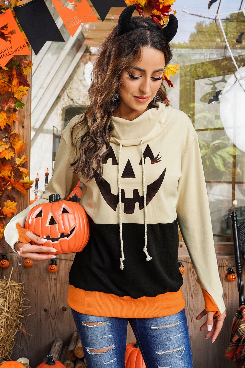 Spooky season long sleeve pumpkin graphic hoodie