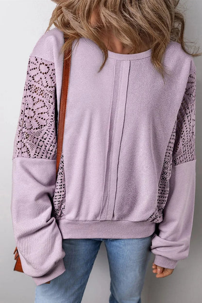 Sheer openwork long sleeve pullover sweatshirt