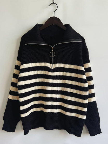 Striped Half Zip Collared Sweater.