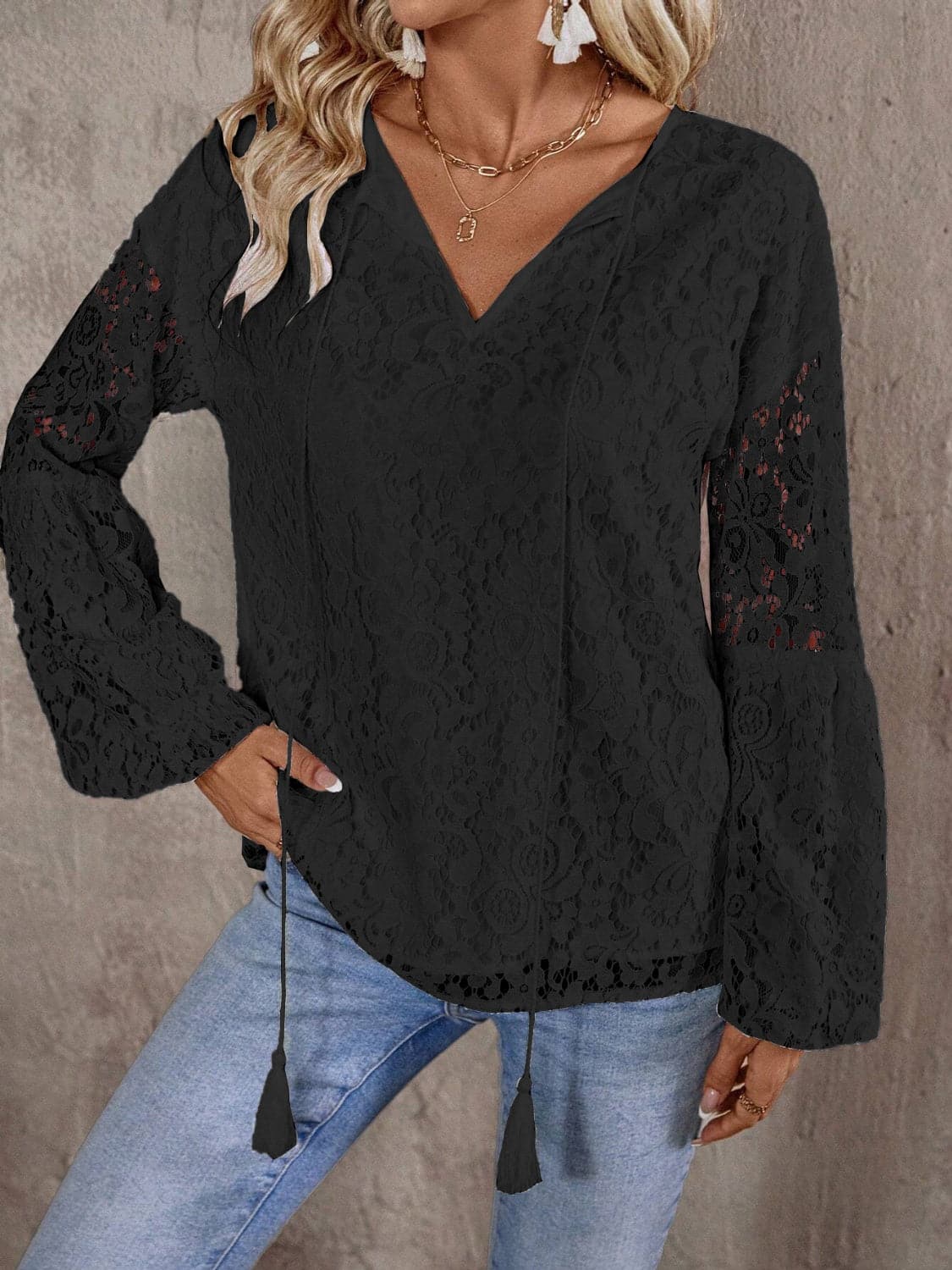 Lace Tie Neck Long Sleeve Blouse.