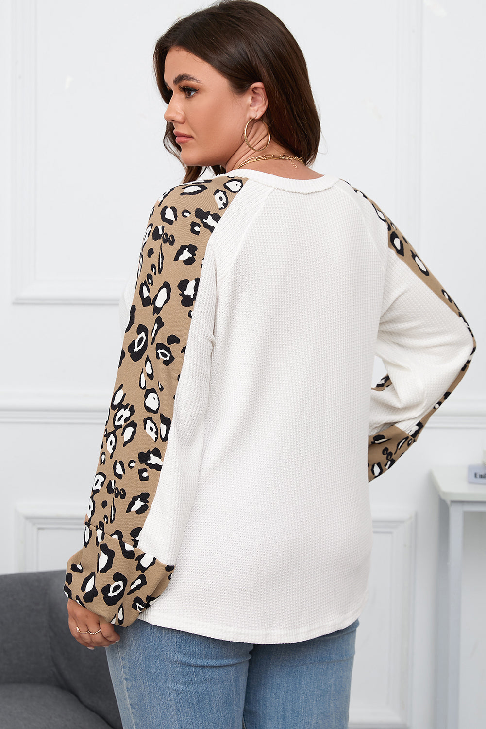 Beige leopard print plus size waffle knit long sleeve top with v-neck