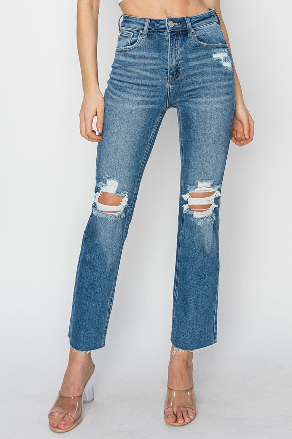 RISEN High Rise Distressed Ankle Jeans.