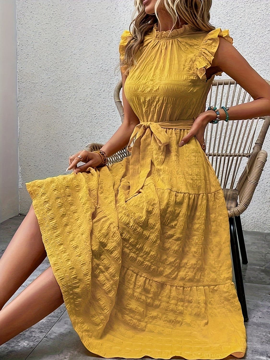 Tied Ruffled Cap Sleeve Midi Dress.