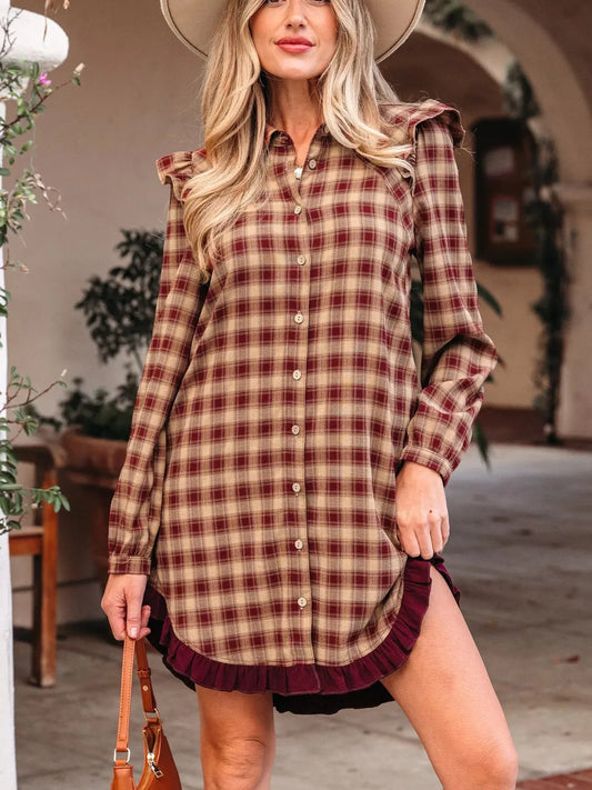 Plaid Print Ruffled Long Sleeve Patchwork Hem Mini Shirt Dress Simply Love