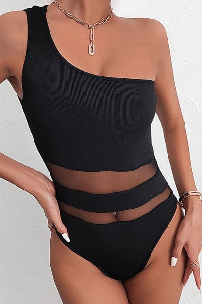 Open Back One-Shoulder Spliced Mesh Bodysuit.