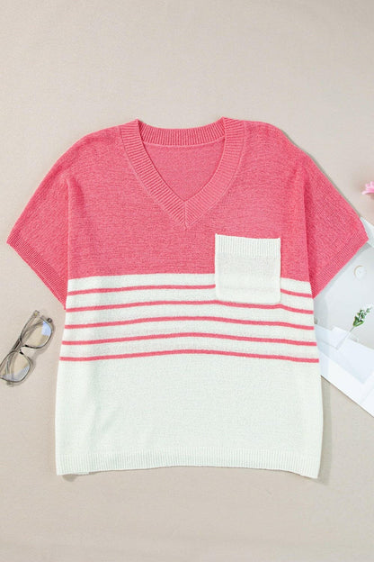 Striped V-Neck Short Sleeve Knit TopStriped V-Neck Short Sleeve Knit Top
 Upgrade your wardrobe with our versatile Striped V-Neck Short Sleeve Knit Top. Crafted for comfort and style, this top is a musLove Salve -Neck Short Sleeve Knit TopKnit Tops