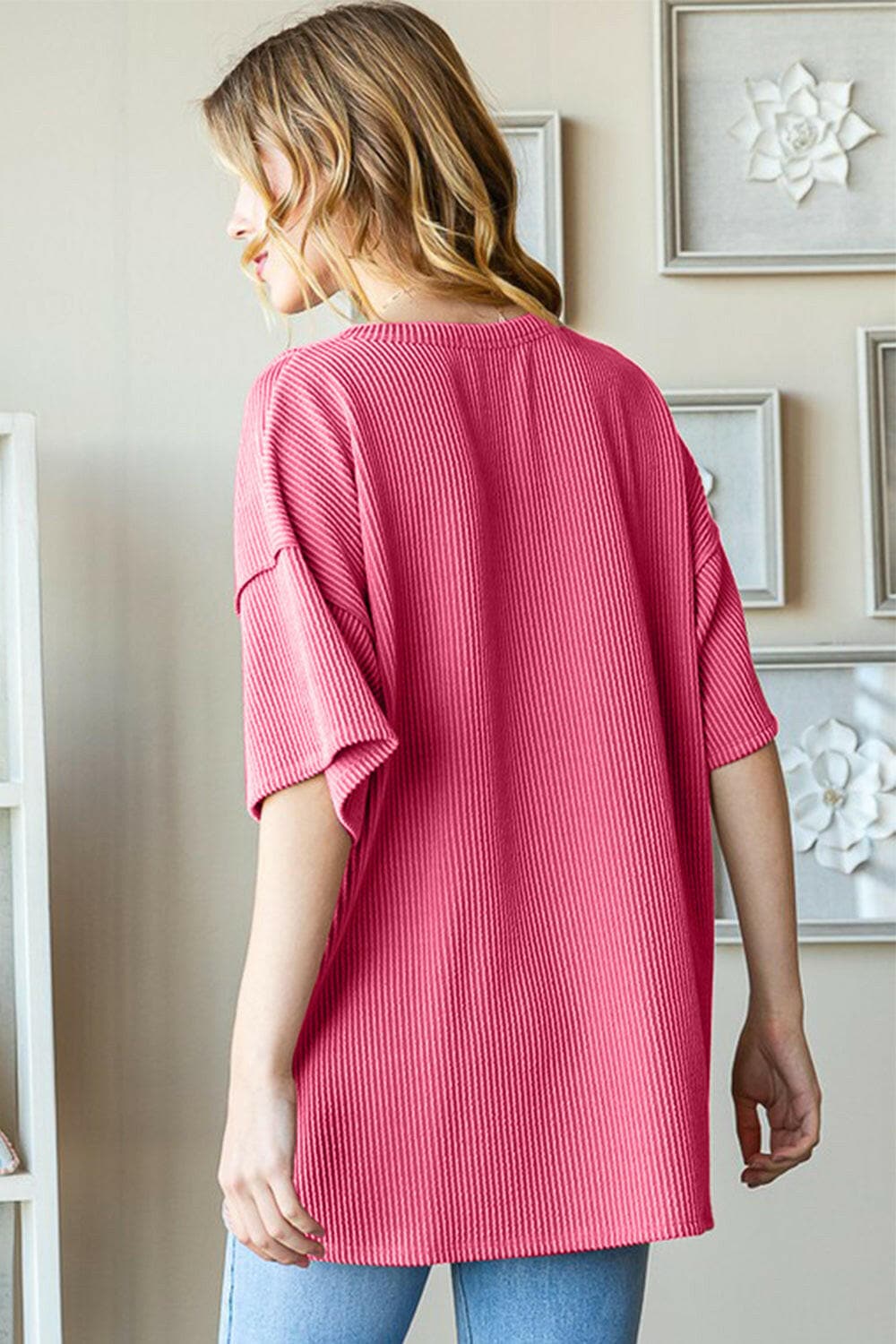 Heimish Full Size Ribbed Half Button Drop Shoulder Top.