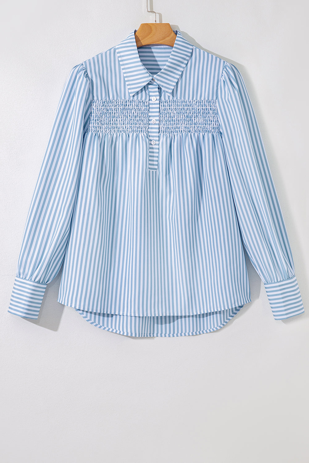 Premium Sky Blue Stripe Shirred Detail Half Placket Collared Long Sleeve Fall Shirt Dear-Lover Dropshipping