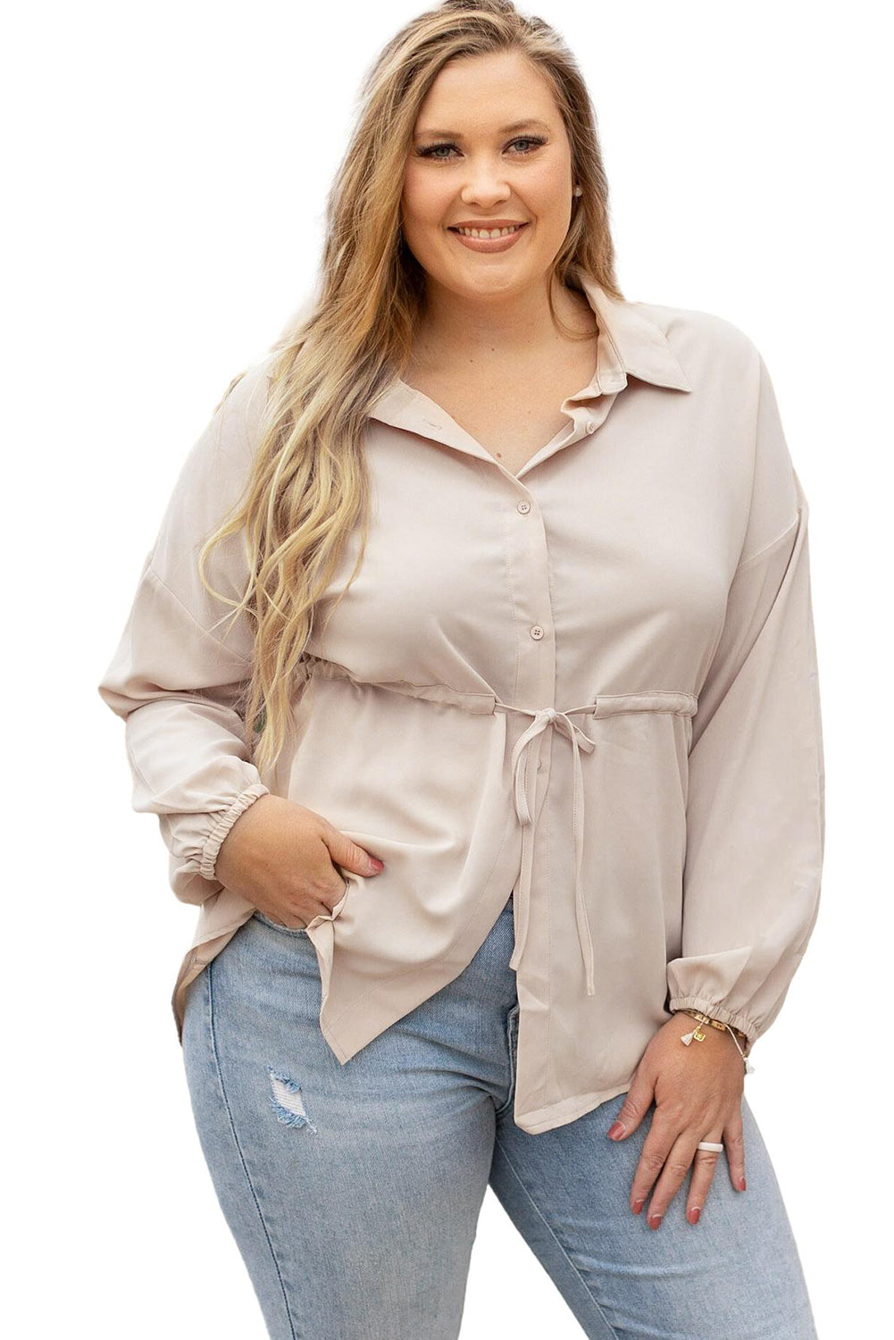 Chic beige puff sleeve tunic shirt for plus sizes