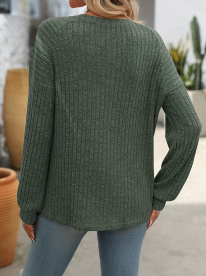 Decor Button Long Sleeve Ribbed T-Shirt.