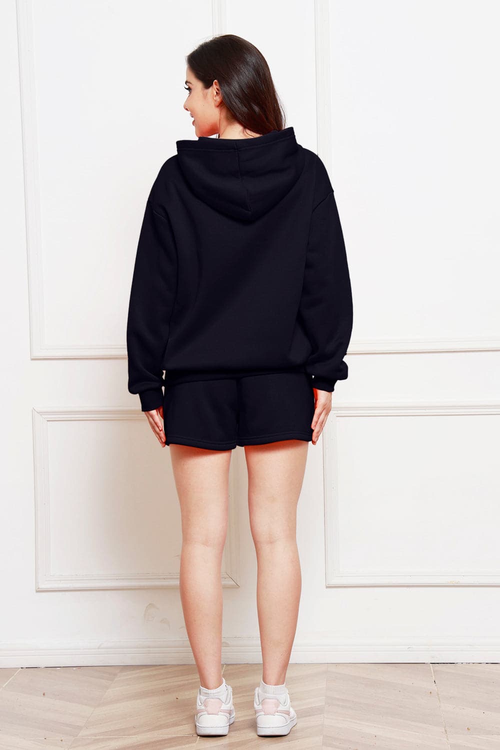 Drop Shoulder Long Sleeve Hoodie and Shorts Set.