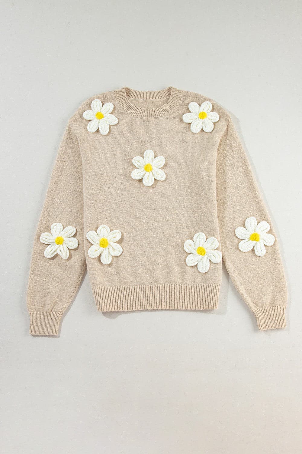 Crochet Flower Round Neck Long Sleeve Sweater.