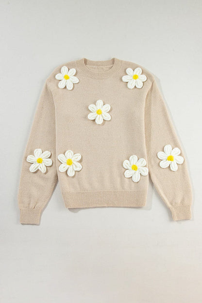 Crochet Flower Round Neck Long Sleeve Sweater.