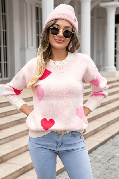 Heart Round Neck Droppped Shoulder Sweater.