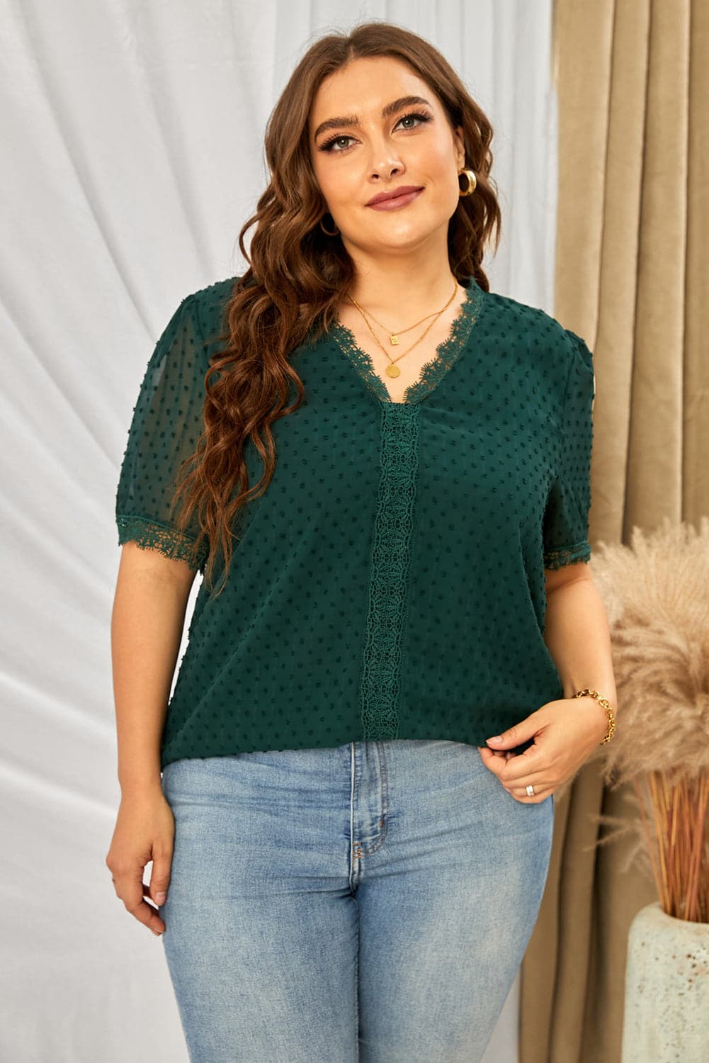 Plus Size Swiss Dot Spliced Lace V-Neck Blouse.