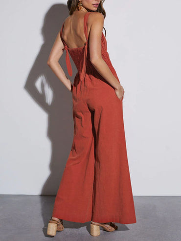 Ruched Wide Strap Jumpsuit with Pockets.