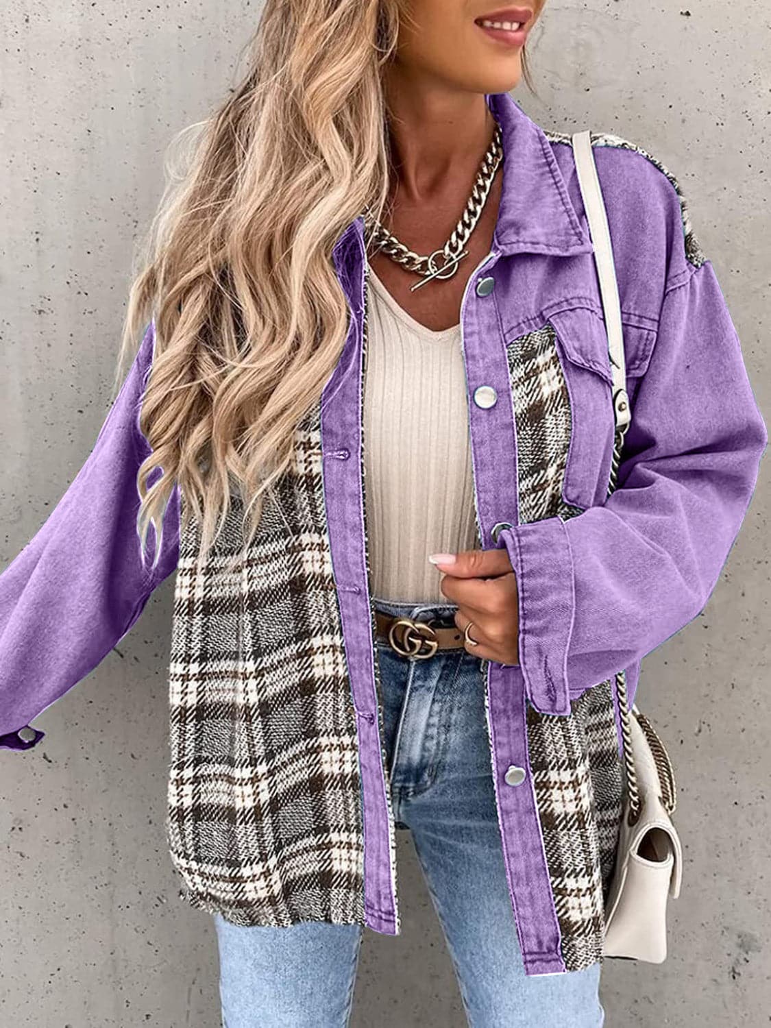 Plaid Button Up Dropped Shoulder Jacket.