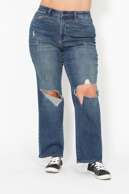 Judy Blue Plus Size High Waisted Ripped Knee Dad Jeans - Love Salve 
