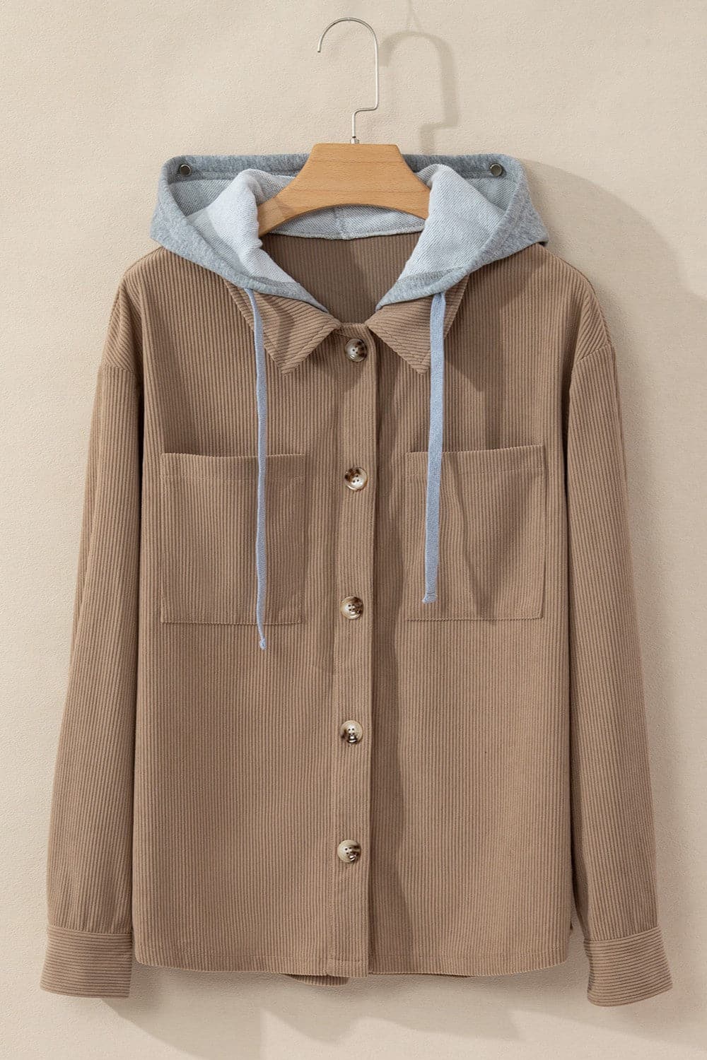 Drawstring Button Up Long Sleeve Hooded Jacket.