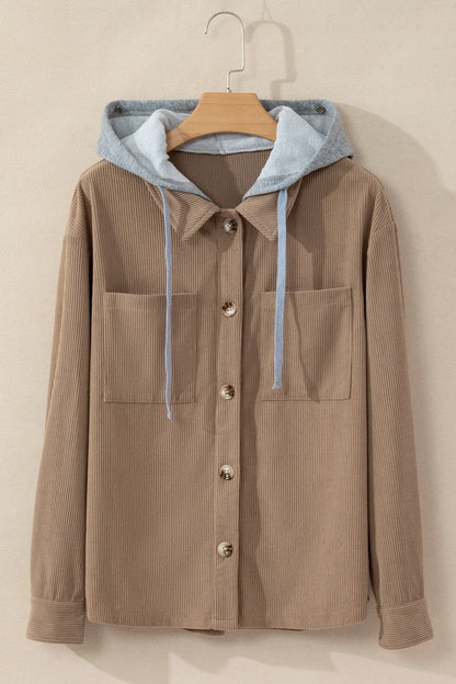 Drawstring Button Up Long Sleeve Hooded Jacket.