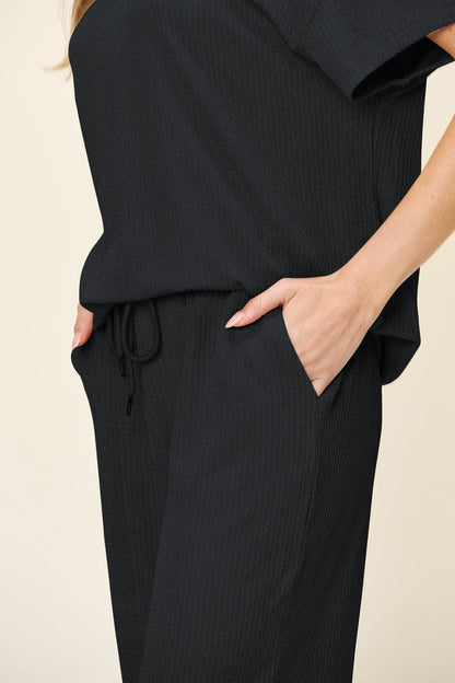 Double Take Full Size Texture Round Neck Short Sleeve T-Shirt and Wide Leg Pants.